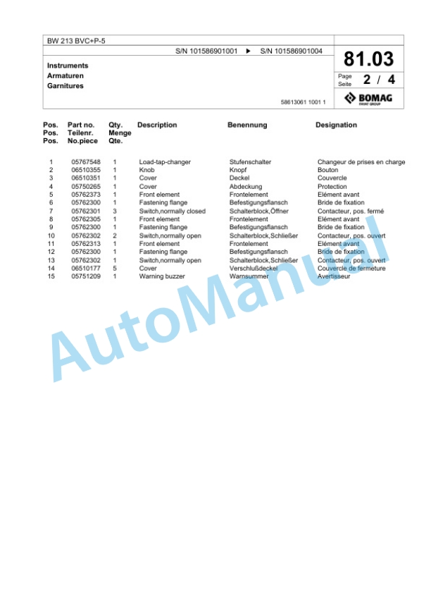 Bomag BW 213 BVC Plus P-5 Single Drum Wheel Drive Vibratory Roller Spare Parts Catalogue 00825991-2