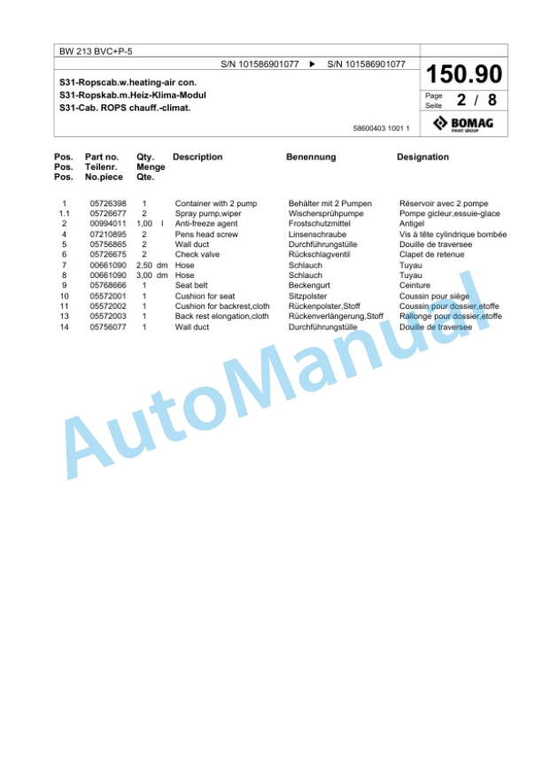 Bomag BW 213 BVC Plus P-5 Single Drum Wheel Drive Vibratory Roller Spare Parts Catalogue 00825991-4
