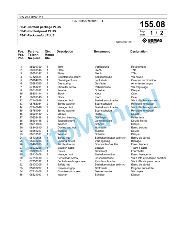 Bomag BW 213 BVC Plus P-5 Single Drum Wheel Drive Vibratory Roller Spare Parts Catalogue 00825991-5