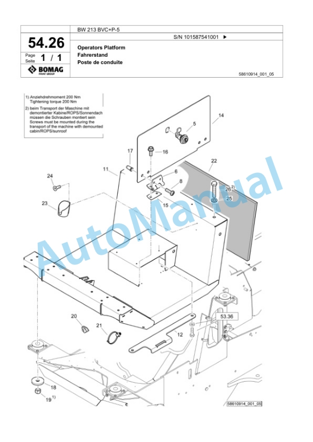 Bomag BW 213 BVC Plus P-5 Single Drum Wheel Drive Vibratory Roller Spare Parts Catalogue 00826285-2