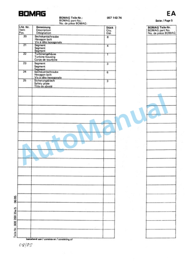 Bomag BW 213, BW 213 A Spare Parts Catalogue 00814290-3