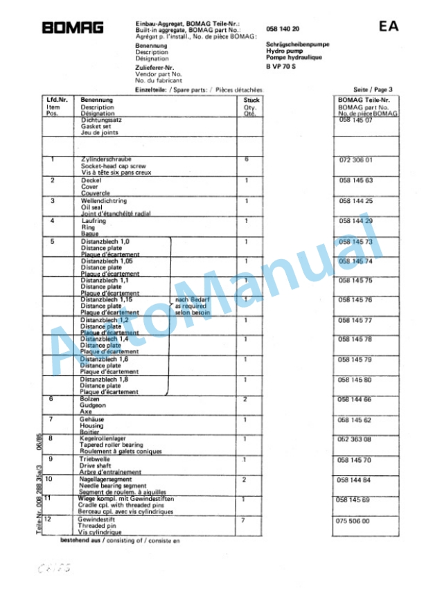 Bomag BW 213, BW 213 A Spare Parts Catalogue 00814290-4