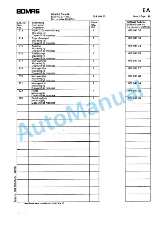 Bomag BW 213, BW 213 A Spare Parts Catalogue 00814290-5