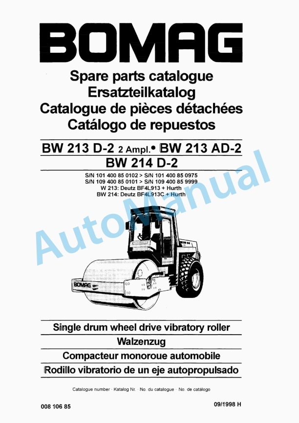 Bomag BW 213 D-2 2 Ampl, BW 213 AD-2, BW 214 D-2 Single Drum Wheel Drive Vibratory Roller Spare Parts Catalogue 00810685