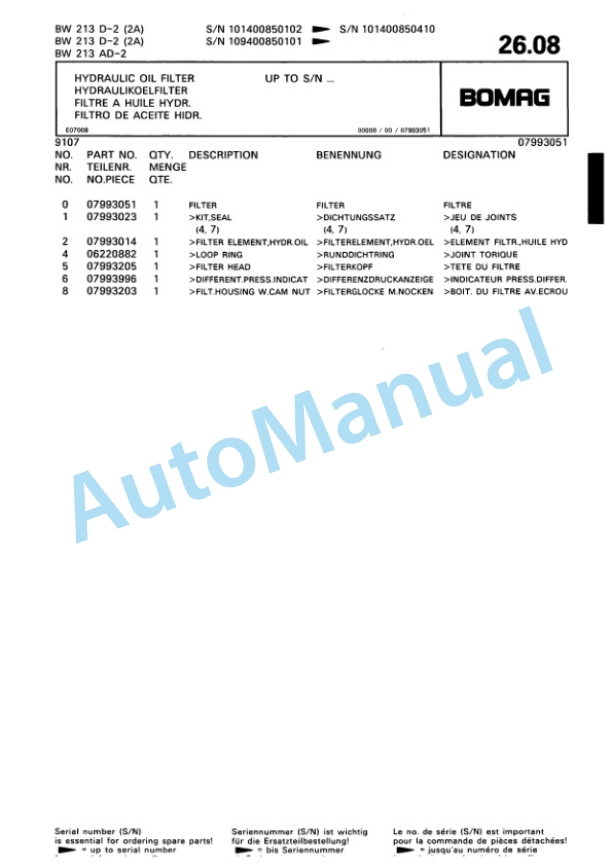 Bomag BW 213 D-2 2 Ampl, BW 213 AD-2, BW 214 D-2 Single Drum Wheel Drive Vibratory Roller Spare Parts Catalogue 00810685-2