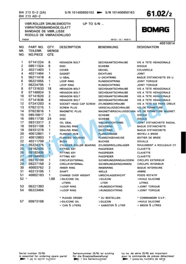 Bomag BW 213 D-2 2 Ampl, BW 213 AD-2, BW 214 D-2 Single Drum Wheel Drive Vibratory Roller Spare Parts Catalogue 00810685-3