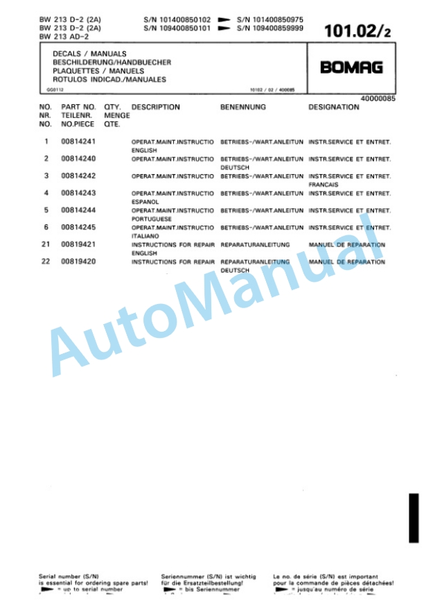Bomag BW 213 D-2 2 Ampl, BW 213 AD-2, BW 214 D-2 Single Drum Wheel Drive Vibratory Roller Spare Parts Catalogue 00810685-4