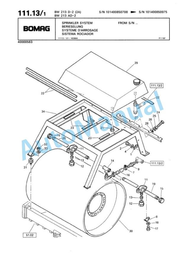 Bomag BW 213 D-2 2 Ampl, BW 213 AD-2, BW 214 D-2 Single Drum Wheel Drive Vibratory Roller Spare Parts Catalogue 00810685-5