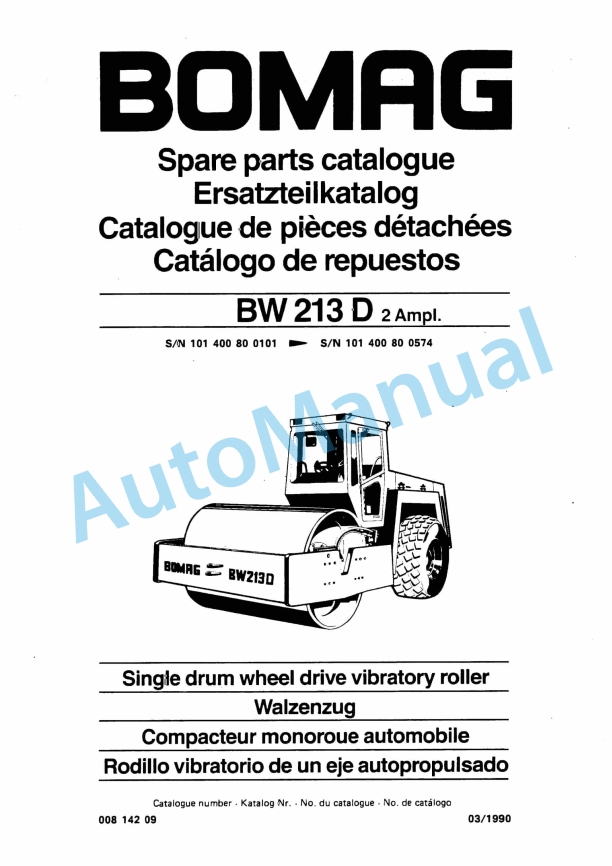 Bomag BW 213 D 2 Ampl Single Drum Wheel Drive Vibratory Roller Spare Parts Catalogue 00814209