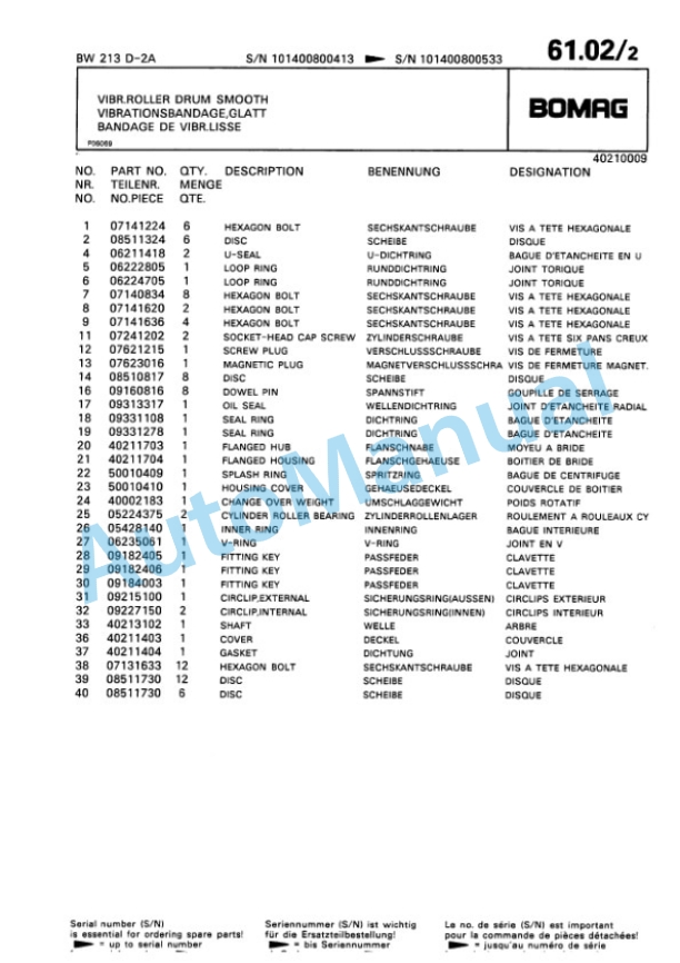 Bomag BW 213 D 2 Ampl Single Drum Wheel Drive Vibratory Roller Spare Parts Catalogue 00814209-3