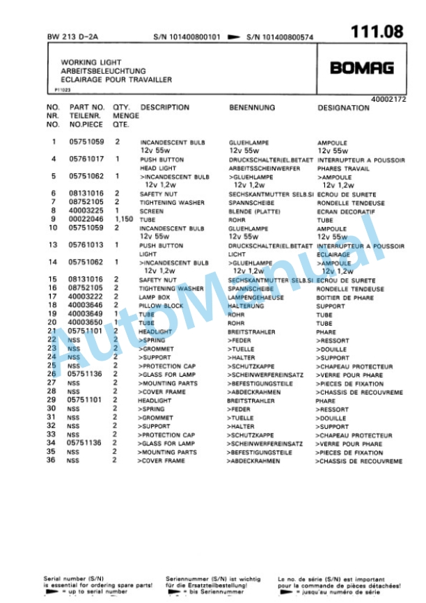Bomag BW 213 D 2 Ampl Single Drum Wheel Drive Vibratory Roller Spare Parts Catalogue 00814209-4