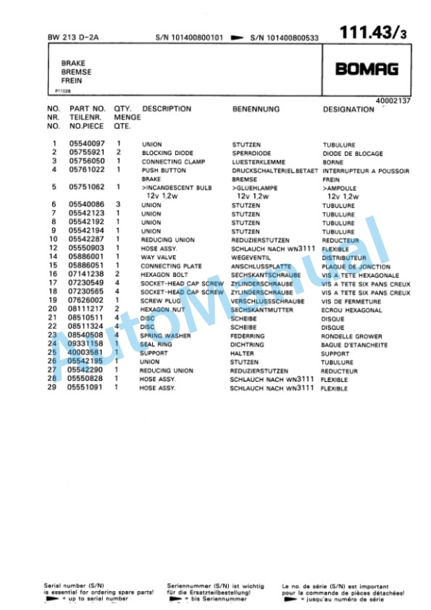 Bomag BW 213 D 2 Ampl Single Drum Wheel Drive Vibratory Roller Spare Parts Catalogue 00814209-5