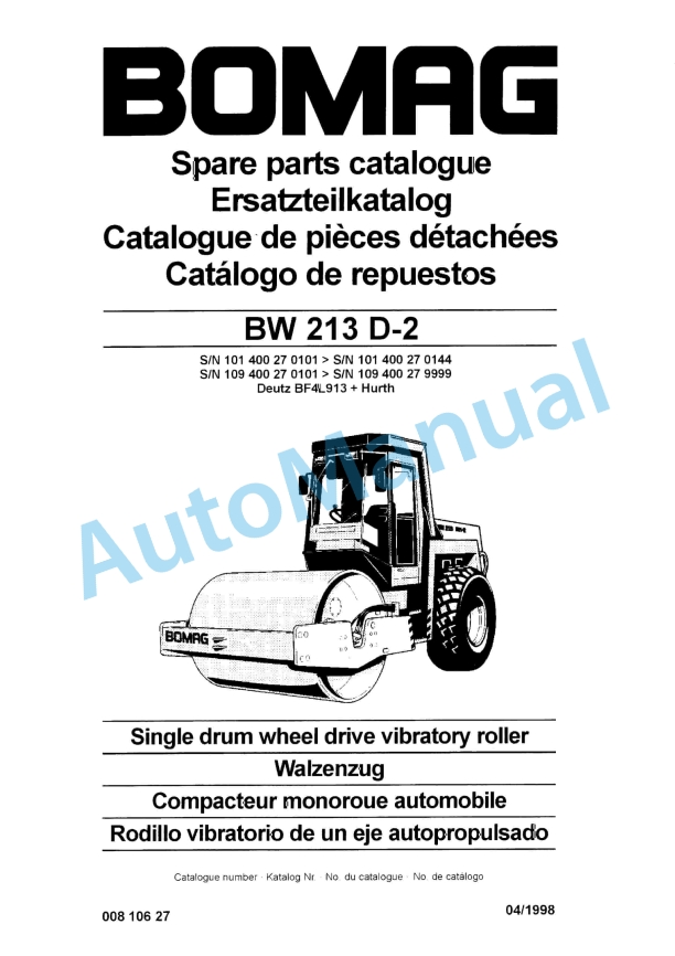 Bomag BW 213 D-2 Single Drum Wheel Drive Vibratory Roller Spare Parts Catalogue 00810627