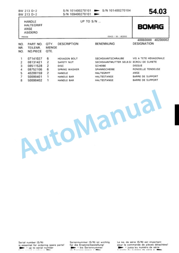Bomag BW 213 D-2 Single Drum Wheel Drive Vibratory Roller Spare Parts Catalogue 00810627-3