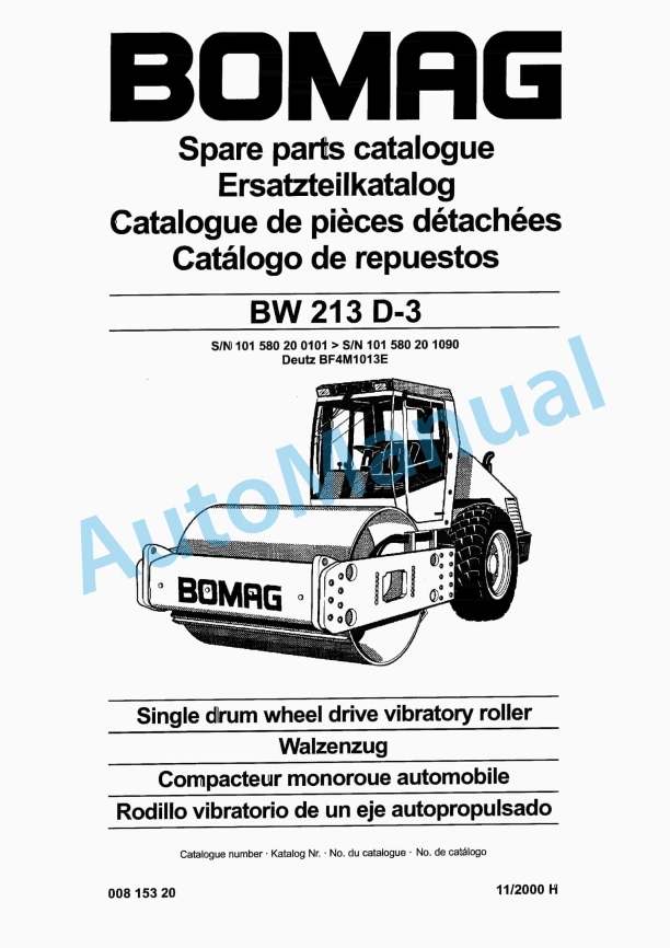 Bomag BW 213 D-3 Single Drum Wheel Drive Vibratory Roller Spare Parts Catalogue 00815320