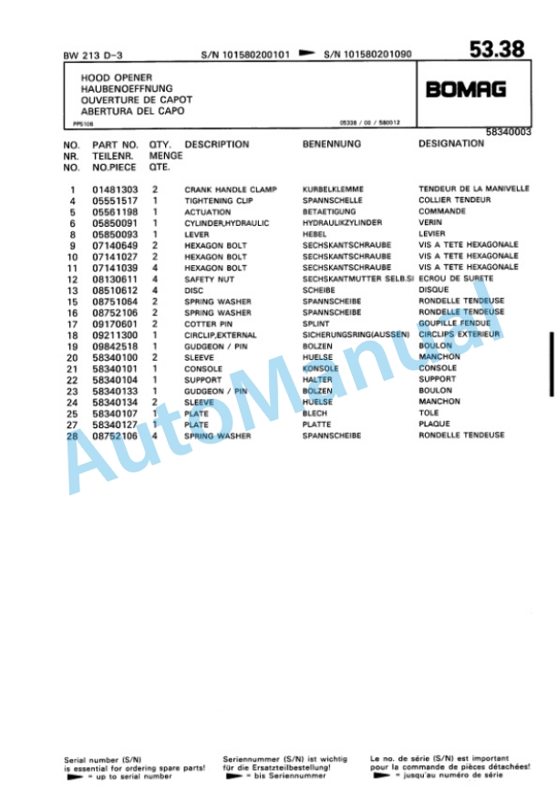 Bomag BW 213 D-3 Single Drum Wheel Drive Vibratory Roller Spare Parts Catalogue 00815320-2
