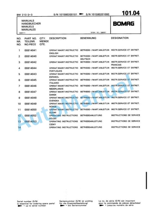 Bomag BW 213 D-3 Single Drum Wheel Drive Vibratory Roller Spare Parts Catalogue 00815320-3
