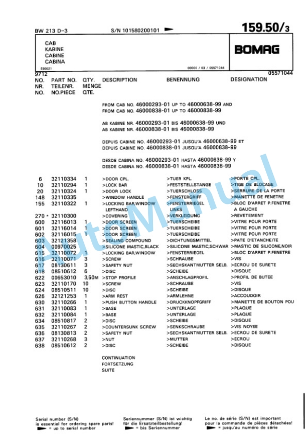 Bomag BW 213 D-3 Single Drum Wheel Drive Vibratory Roller Spare Parts Catalogue 00815320-5