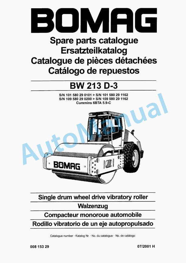 Bomag BW 213 D-3 Single Drum Wheel Drive Vibratory Roller Spare Parts Catalogue 00815329