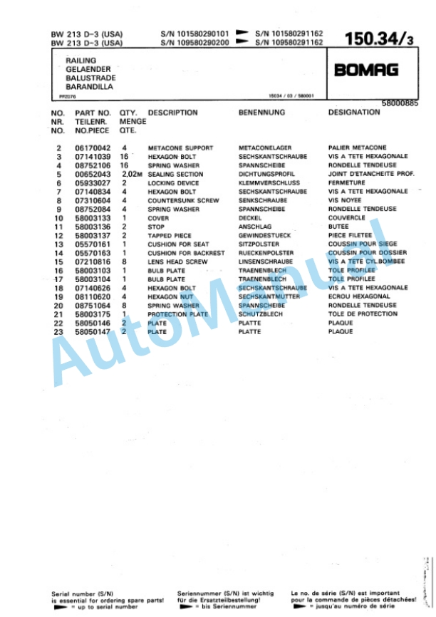 Bomag BW 213 D-3 Single Drum Wheel Drive Vibratory Roller Spare Parts Catalogue 00815329-3