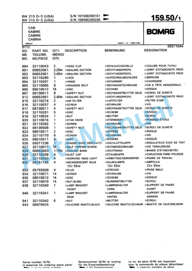 Bomag BW 213 D-3 Single Drum Wheel Drive Vibratory Roller Spare Parts Catalogue 00815329-4
