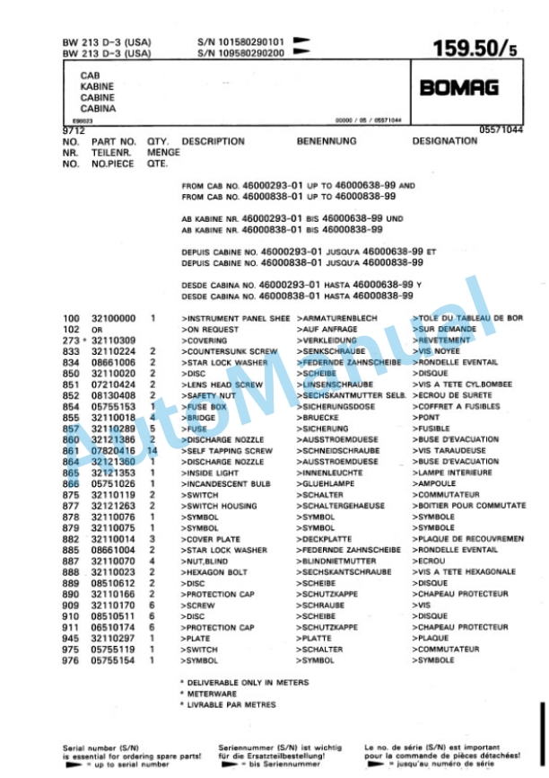 Bomag BW 213 D-3 Single Drum Wheel Drive Vibratory Roller Spare Parts Catalogue 00815329-5