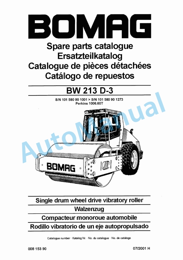 Bomag BW 213 D-3 Single Drum Wheel Drive Vibratory Roller Spare Parts Catalogue 00815390