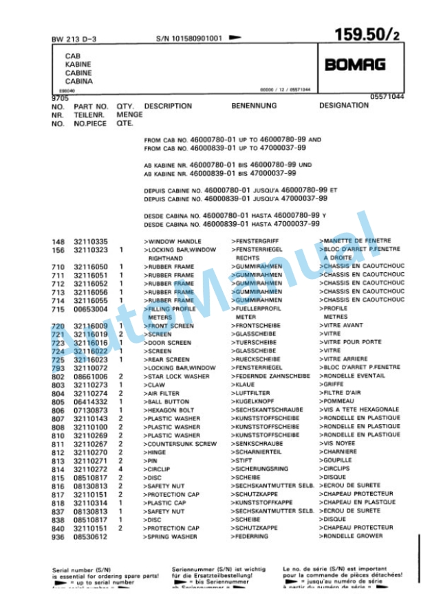 Bomag BW 213 D-3 Single Drum Wheel Drive Vibratory Roller Spare Parts Catalogue 00815390-4
