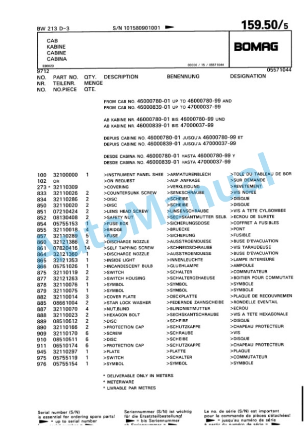 Bomag BW 213 D-3 Single Drum Wheel Drive Vibratory Roller Spare Parts Catalogue 00815390-5