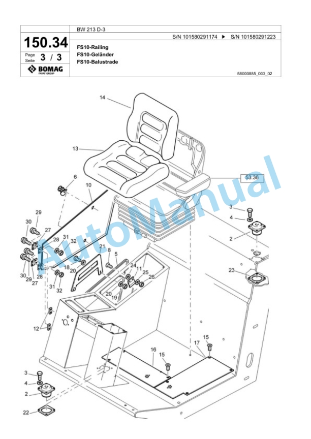 Bomag BW 213 D-3 Single Drum Wheel Drive Vibratory Roller Spare Parts Catalogue 00817522-4