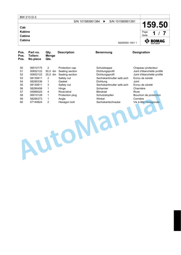 Bomag BW 213 D-3 Single Drum Wheel Drive Vibratory Roller Spare Parts Catalogue 00817523-4