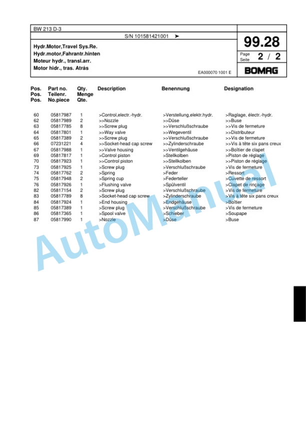 Bomag BW 213 D-3 Single Drum Wheel Drive Vibratory Roller Spare Parts Catalogue 00817588-3