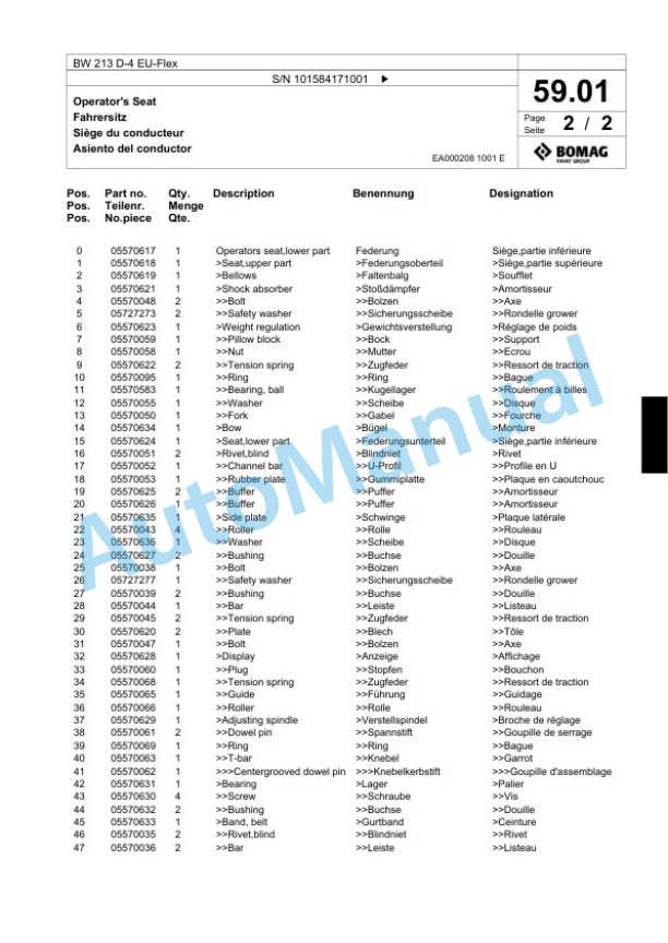 Bomag BW 213 D-4 EU-Flex Single Drum Wheel Drive Vibratory Roller Spare Parts Catalogue 00824431-2