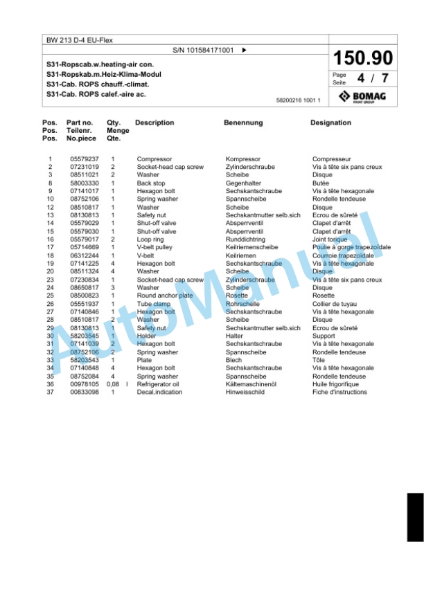 Bomag BW 213 D-4 EU-Flex Single Drum Wheel Drive Vibratory Roller Spare Parts Catalogue 00824431-4