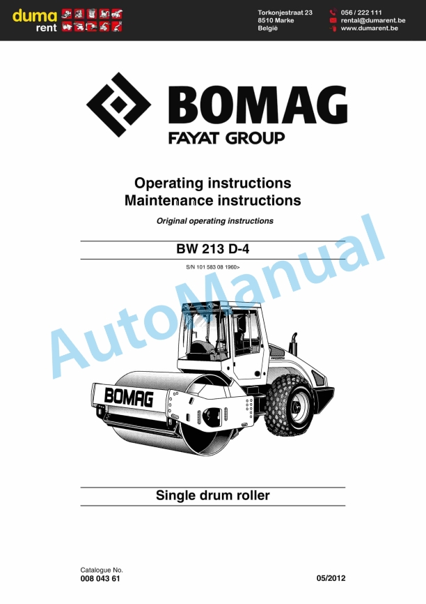 Bomag BW 213 D-4 Single Drum Roller Operating and Maintenance Instructions 00804361
