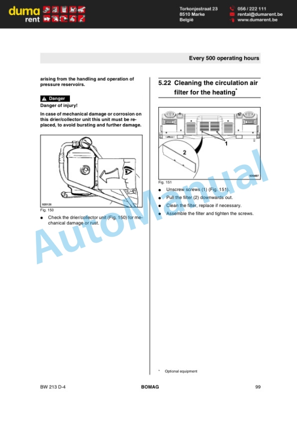 Bomag BW 213 D-4 Single Drum Roller Operating and Maintenance Instructions 00804361-3