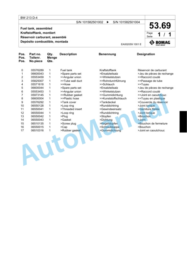 Bomag BW 213 D-4 Single Drum Wheel Drive Vibratory Roller Spare Parts Catalogue 00817773-4