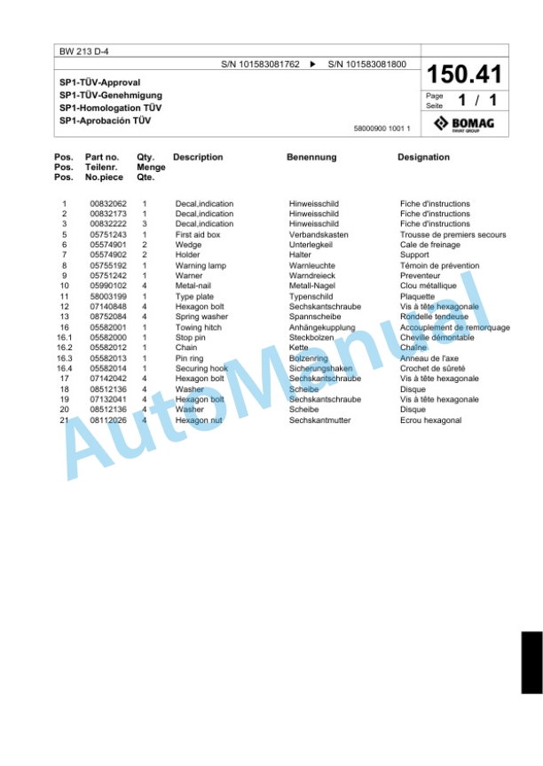 Bomag BW 213 D-4 Single Drum Wheel Drive Vibratory Roller Spare Parts Catalogue 00818293-3