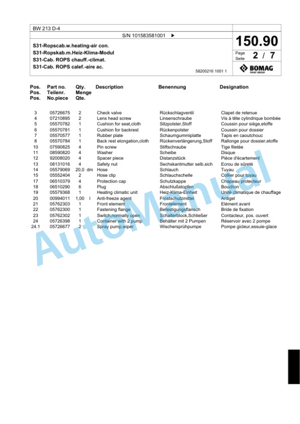 Bomag BW 213 D-4 Single Drum Wheel Drive Vibratory Roller Spare Parts Catalogue 00824387-4