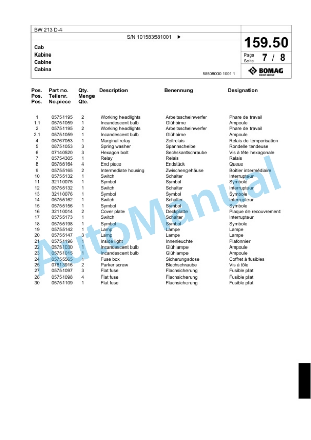Bomag BW 213 D-4 Single Drum Wheel Drive Vibratory Roller Spare Parts Catalogue 00824387-5