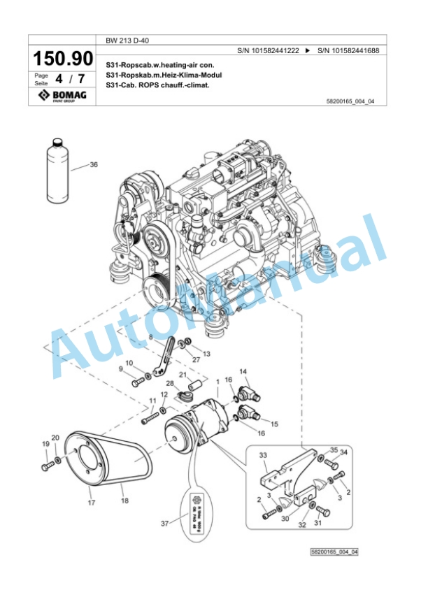 Bomag BW 213 D-40 Single Drum Wheel Drive Vibratory Roller Spare Parts Catalogue 00817945-3