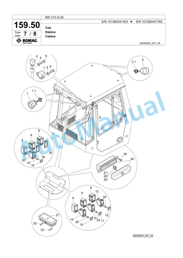 Bomag BW 213 D-40 Single Drum Wheel Drive Vibratory Roller Spare Parts Catalogue 00817945-4
