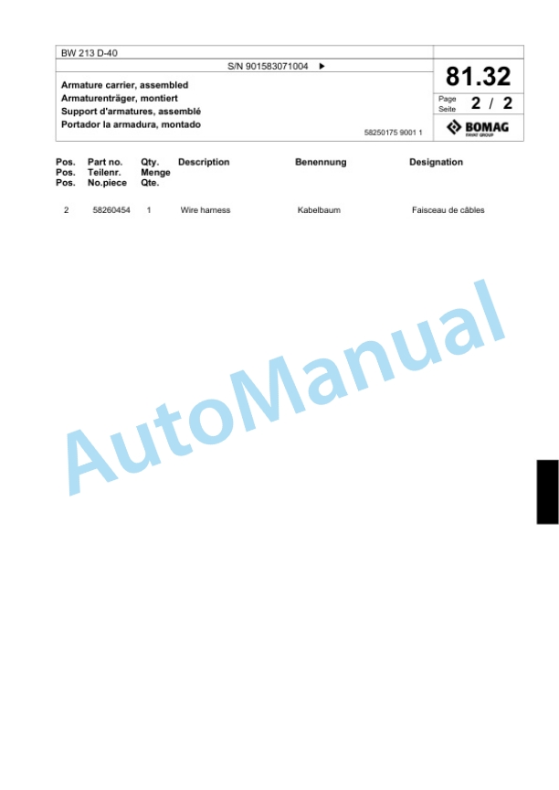 Bomag BW 213 D-40 Single Drum Wheel Drive Vibratory Roller Spare Parts Catalogue 00818291-3
