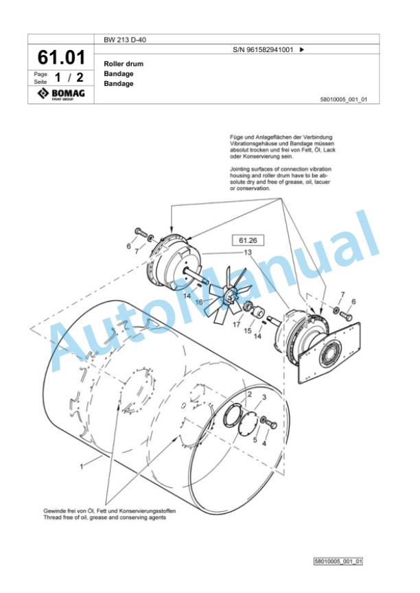 Bomag BW 213 D-40 Single Drum Wheel Drive Vibratory Roller Spare Parts Catalogue 00826005-2