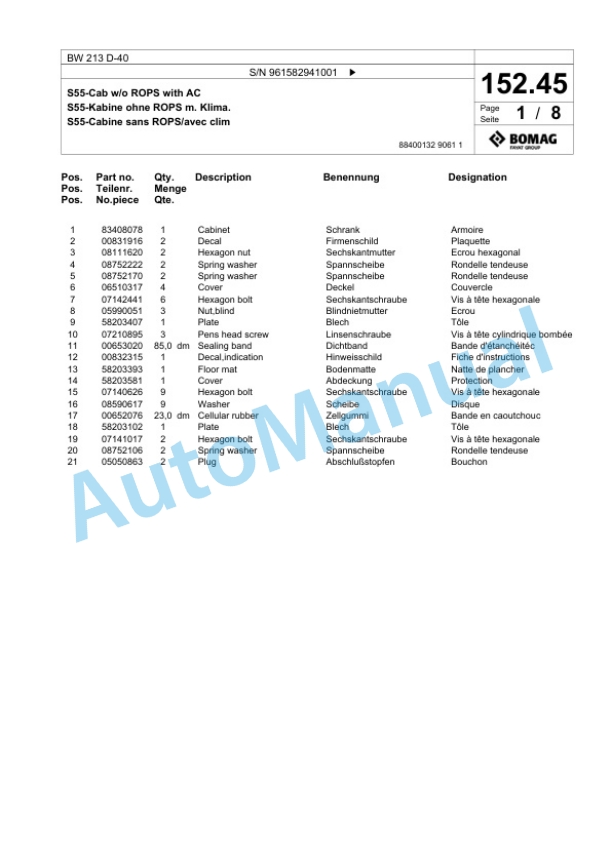 Bomag BW 213 D-40 Single Drum Wheel Drive Vibratory Roller Spare Parts Catalogue 00826005-5