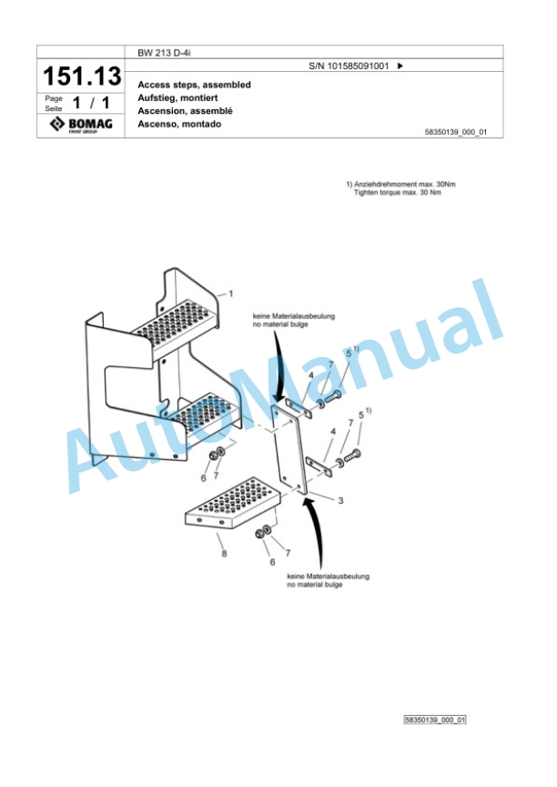 Bomag BW 213 D-4i Single Drum Wheel Drive Vibratory Roller Spare Parts Catalogue 00824443-4