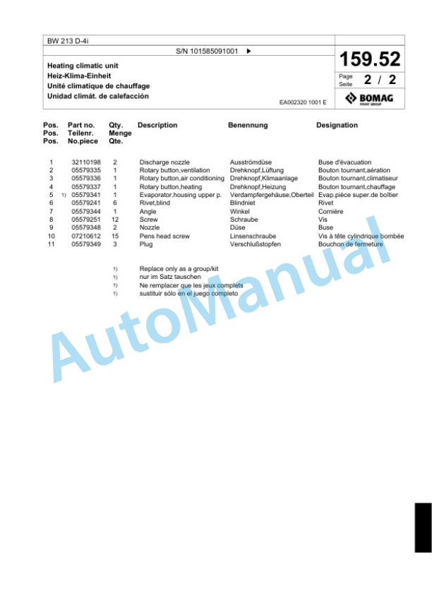 Bomag BW 213 D-4i Single Drum Wheel Drive Vibratory Roller Spare Parts Catalogue 00824443-5