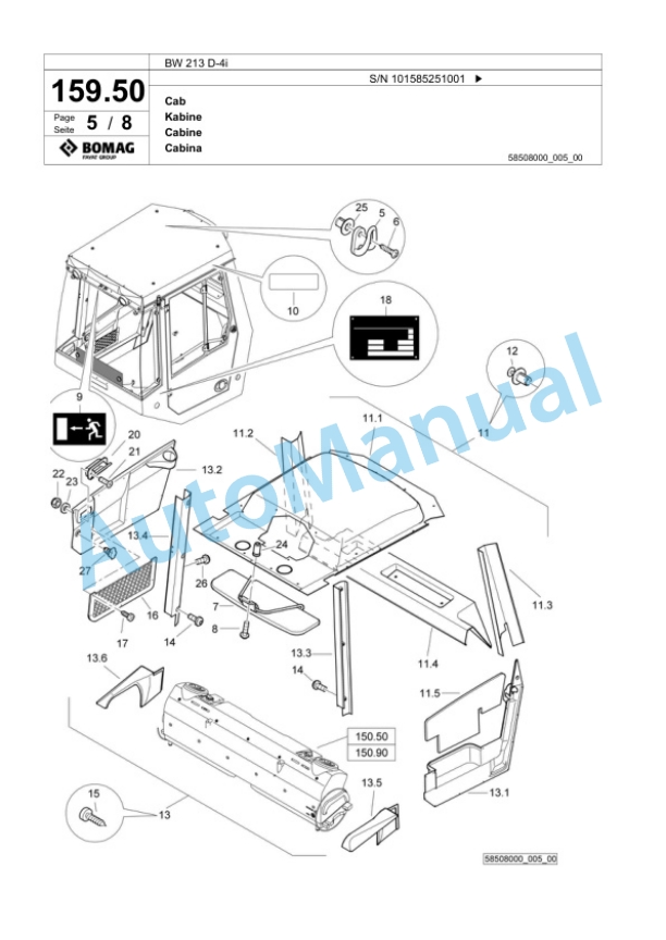 Bomag BW 213 D-4i Single Drum Wheel Drive Vibratory Roller Spare Parts Catalogue 00824671-4