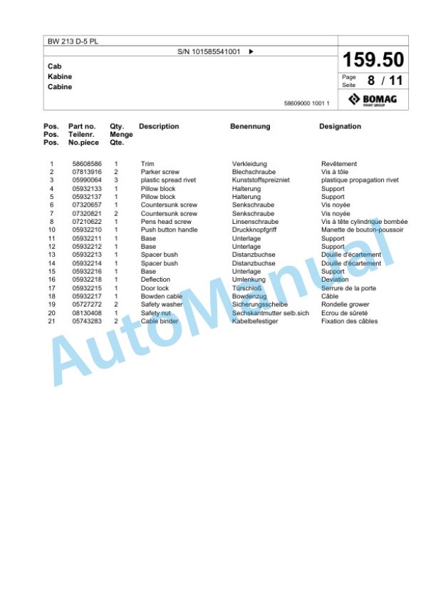 Bomag BW 213 D-5 PL Single Drum Wheel Drive Vibratory Roller Spare Parts Catalogue 00827113-5