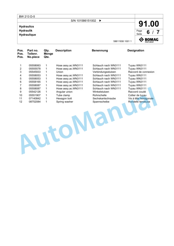 Bomag BW 213 D-5 Single Drum Wheel Drive Vibratory Roller Spare Parts Catalogue 00824761-3